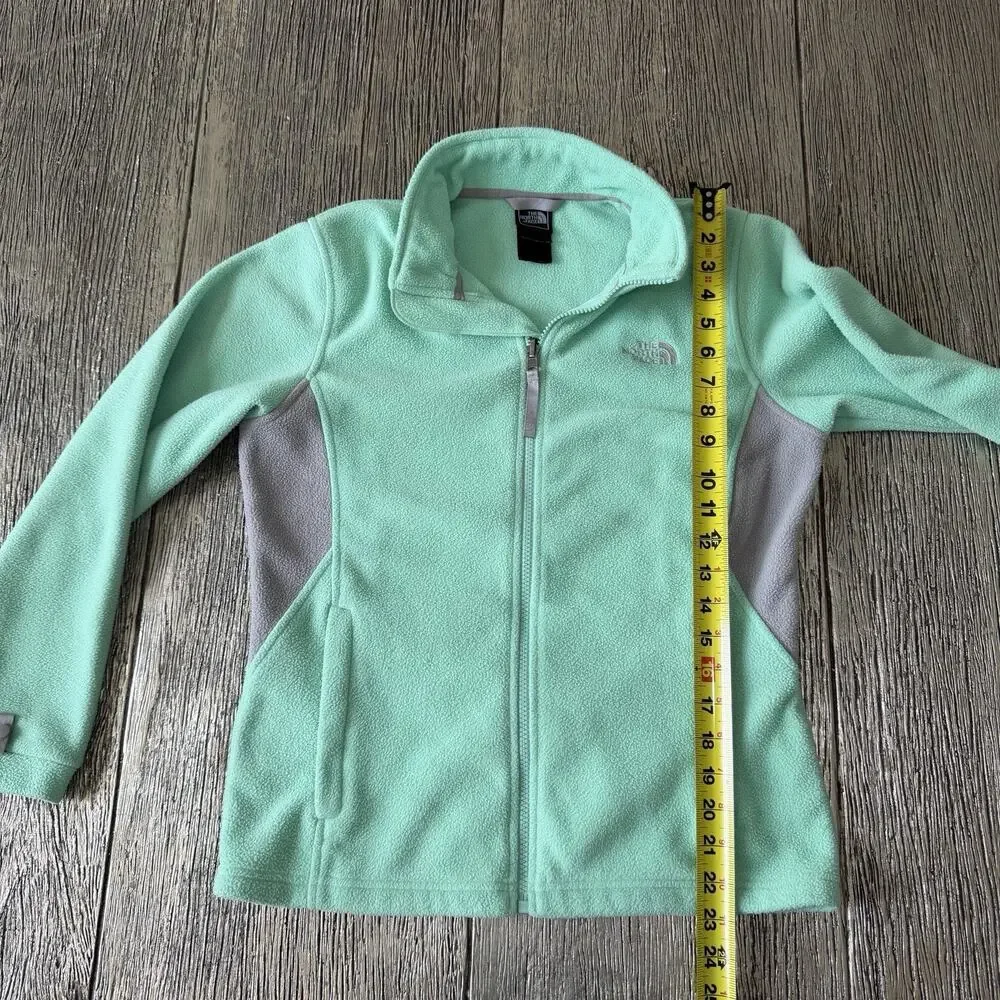 North Face Jacket Girls Large L Green Grey Fleece Full Zip Logo Zippered Pockets